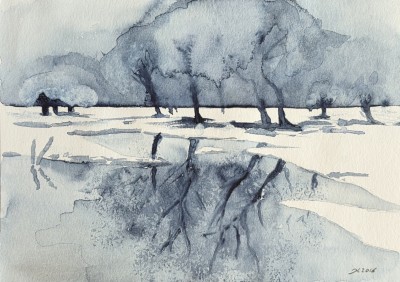 Aquarellbild mit Winterbäumen die sich in einem Fluss spiegeln 